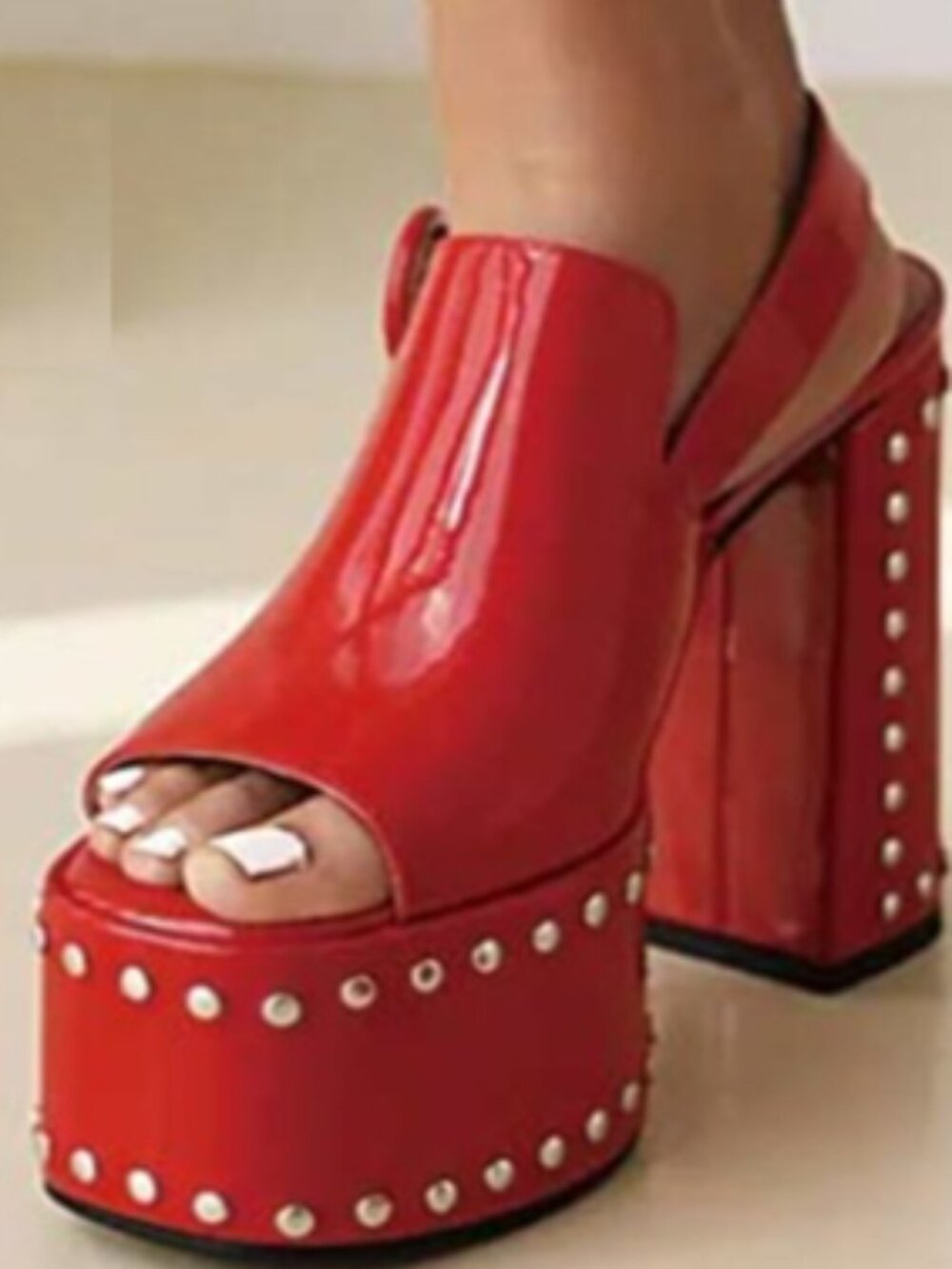 Women Platform Pumps Open Toe Thick High Heeled Studded Height Increase Ladies